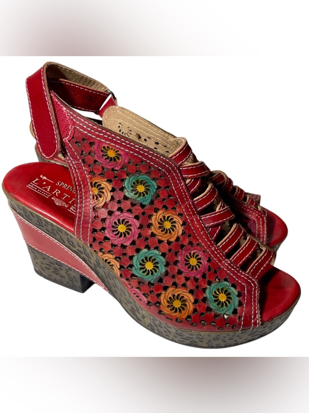 LArtiste Spring Step Pricilla Floral Cut-Out Leather Heeled Sandals 7.5 - Picture 3 of 10